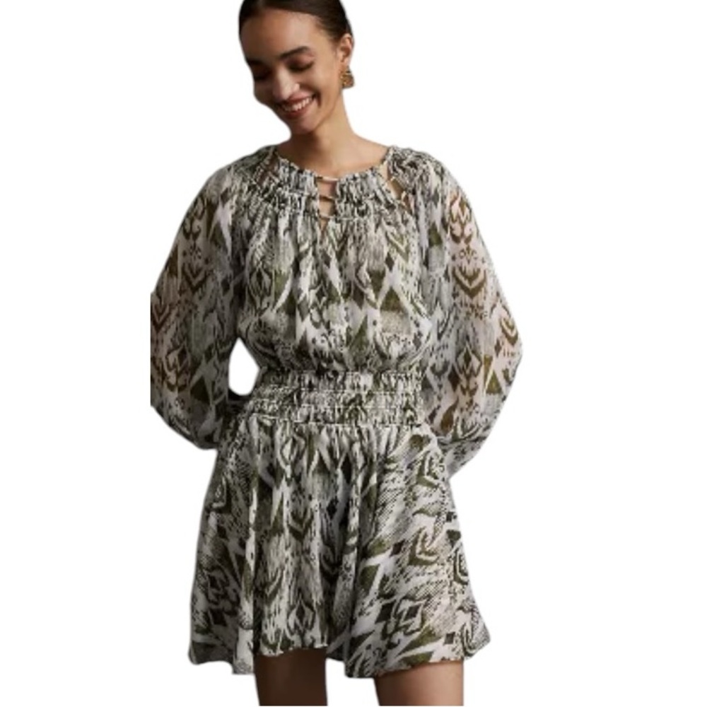NWT Misa Los Angeles Olive Green Geometric Smocked Mini Dress $390